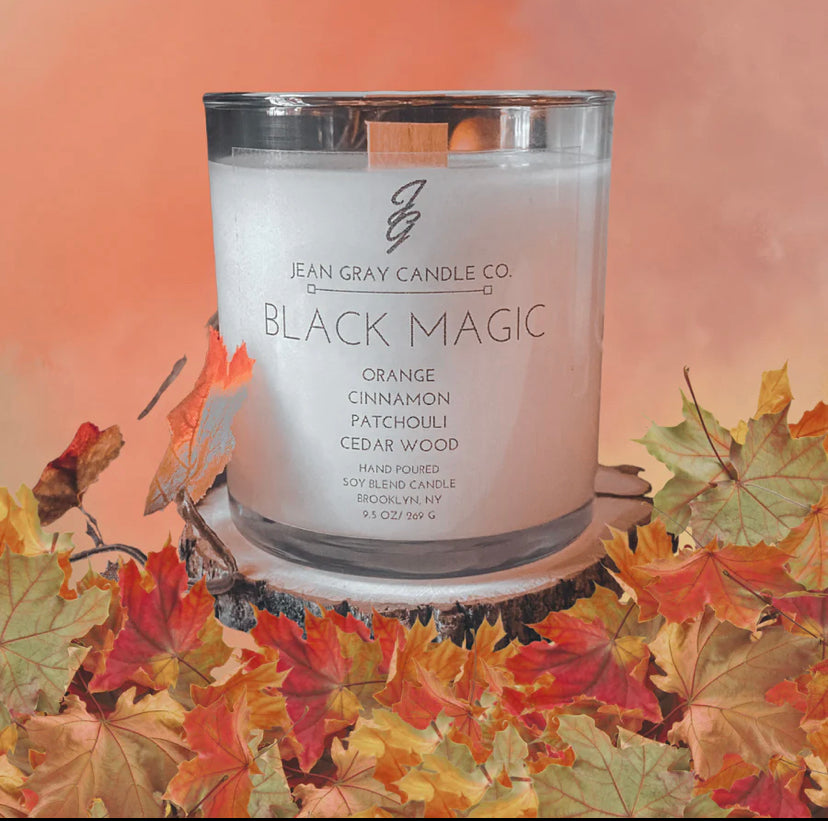 Black Magic (Orange-Cinnamon-Patchouli- Cedar Wood) Wooden Wick Candle