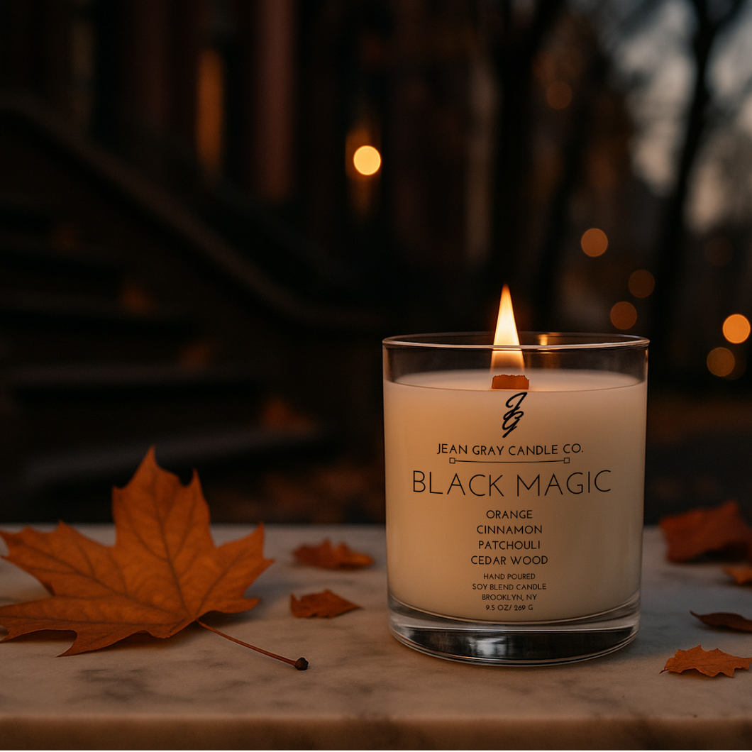 Black Magic (Orange-Cinnamon-Patchouli- Cedar Wood) Wooden Wick Candle