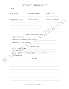 Jean Gray Candle Co. Candle Testing Sheet